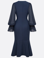 Purplish Blue Buckle Classic V Neck Long Sleeve Bell Sleeve Mermaid Midi Dress