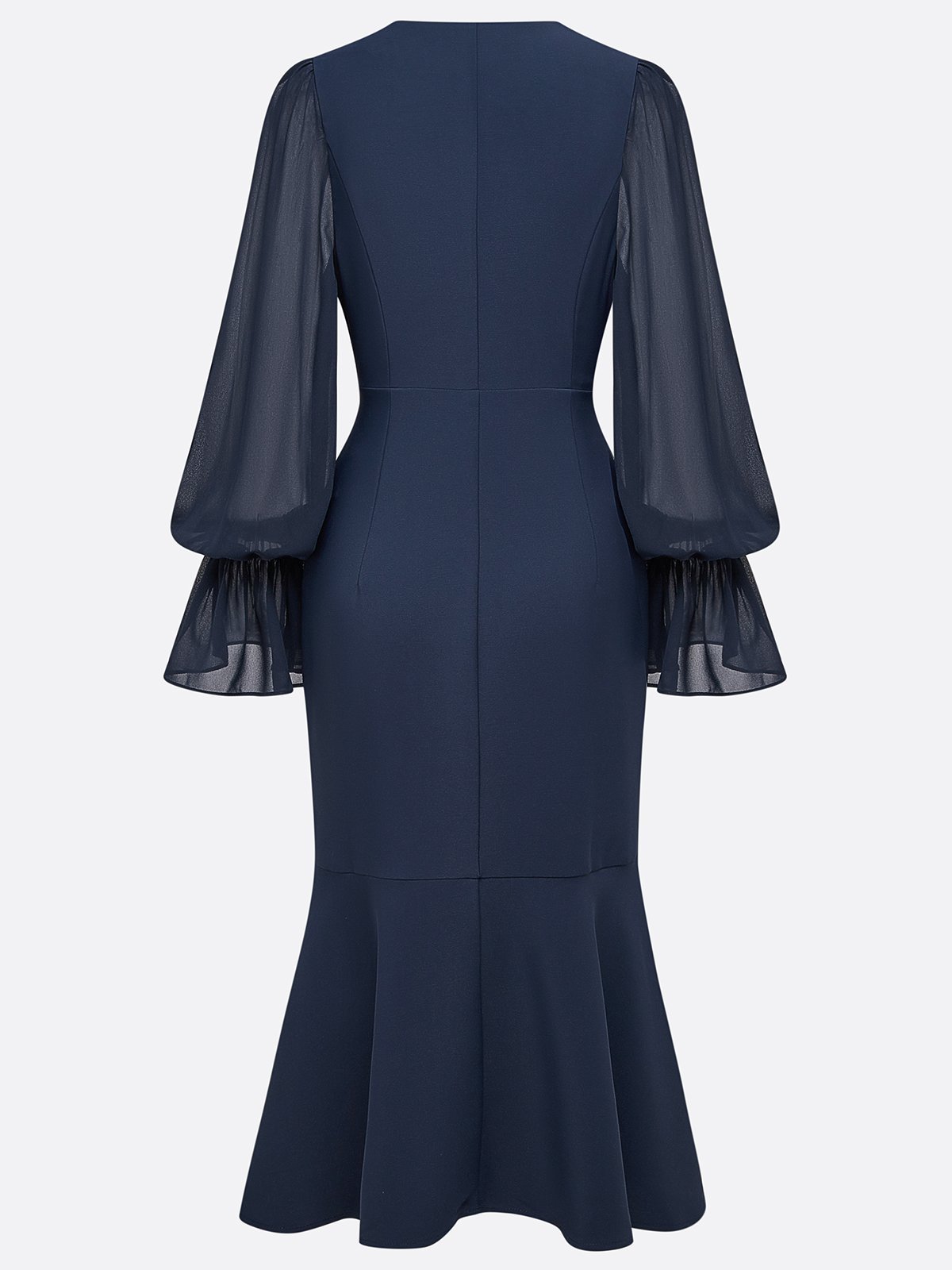 Purplish Blue Buckle Classic V Neck Long Sleeve Bell Sleeve Mermaid Midi Dress