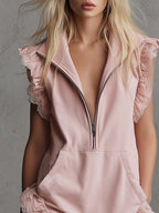Elegant Retro Sporty V-neck Front Zipper Sleeveless Lace Trim Pink Cotton Mini Dress