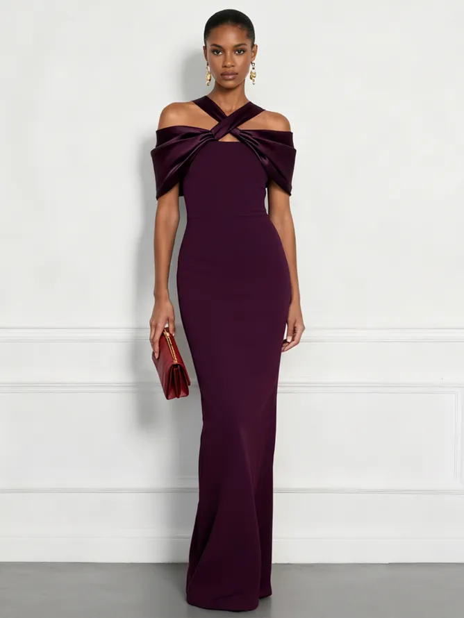 Burgundy Cross Bow Classic Off The Shoulder Sleeveless Sheath Floor Length Dress
