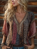 Vintage Leopard Print Patchwork V-neck Casual Top