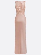 Light Pink Embroidery Satin Crew Neck Sleeveless Sheath Gown Dress