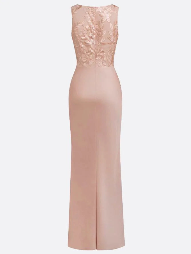 Light Pink Embroidery Satin Crew Neck Sleeveless Sheath Gown Dress