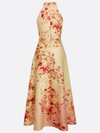 Pale Yellow Floral Classic Halter Mock Neck Sleeveless A-Line Maxi Dress