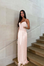 Cocoslly Spaghetti Straps Sleeveless Long Prom Dress With Beadings Tassel | Gold Beaded-Embroidered ZA0298