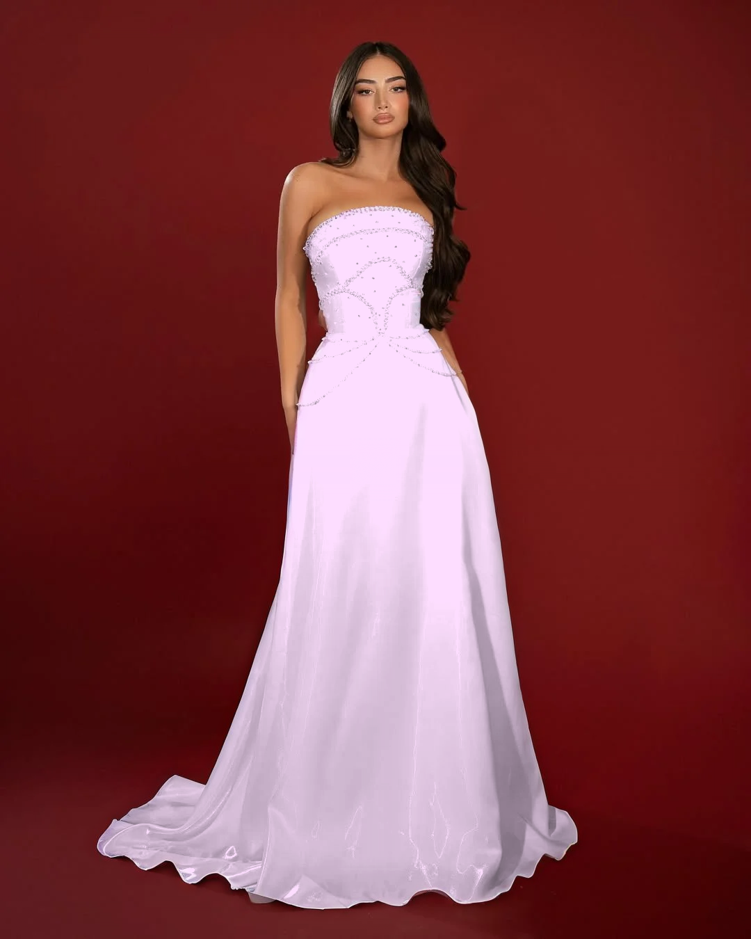 Satin Strapless Sleeveless High-Waisted Long A-Line Prom Dress With Beadings YK0662