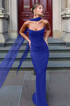 Chiffon Strapless Sleeveless Long Mermaid Prom Dress With Pleated YK0036