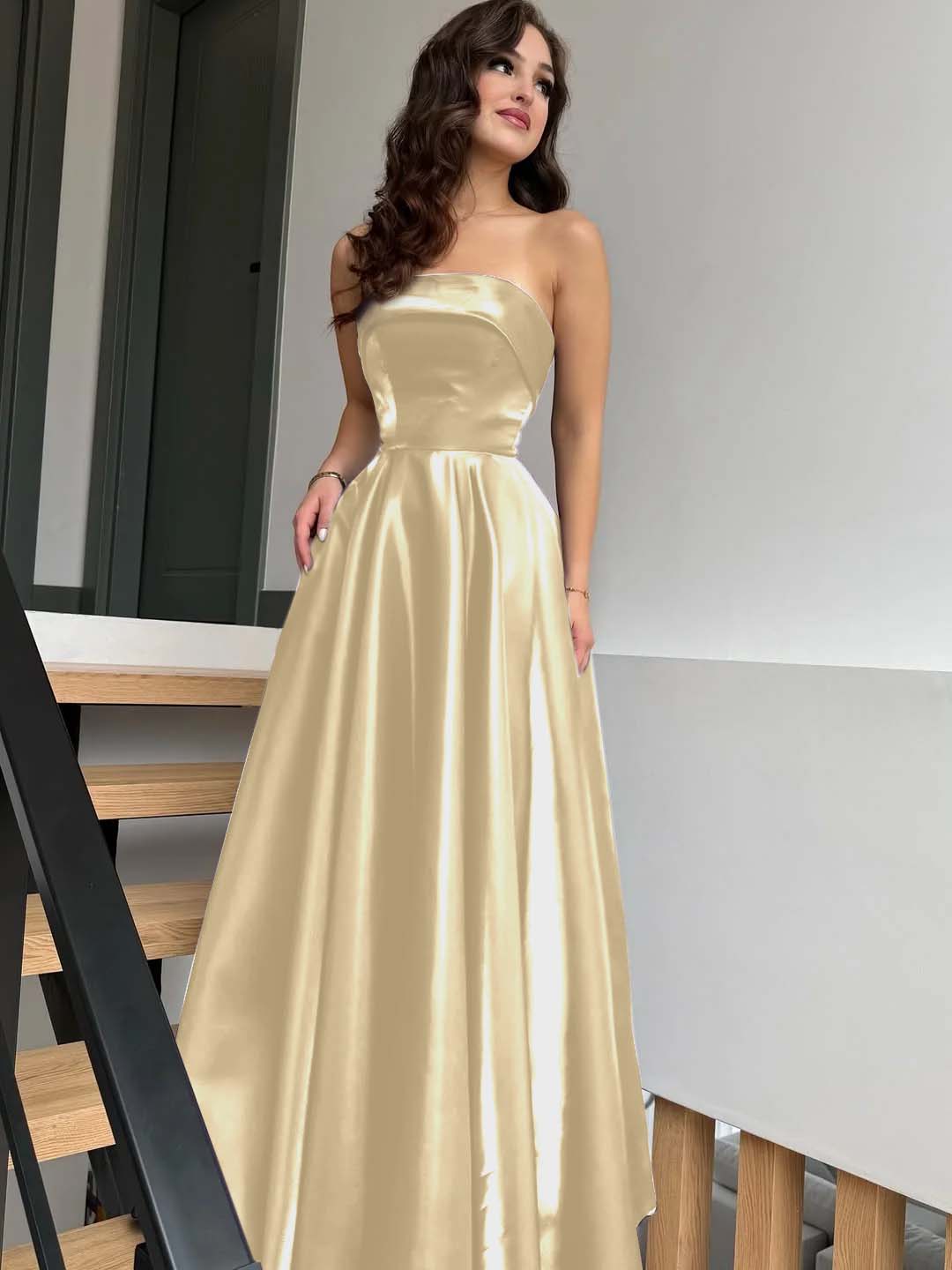 Satin Strapless Sleeveless High-Waisted Long A-Line Prom Dress With Pleated YK0638