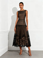 Black Floral Plaid Classic Boat Neck Sleeveless A-Line Midi Dress