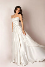 Cocoslly Strapless Sleeveless High Waist Long Prom Dress With Rhinstone And Beading Pearls | Baby Blue Satin LR0577