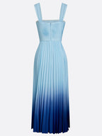 Light Blue Ombre Pleated Chiffon Square Neck Sleeveless A-Line Midi Dress