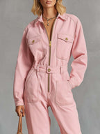 Retro Western Pink Denim Collared Zip-Front Utility Jumpsuit