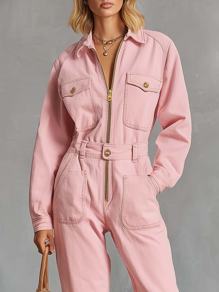 Retro Western Pink Denim Collared Zip-Front Utility Jumpsuit