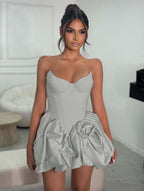 Cocoslly Strapless Sleeveless Short A-Line Pleated Prom Dress With Ruffles And Flower | Light Champage Satin ZA0278