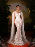 Tulle Halter V-Neck Off-The-Shoulder Sleeveless Long Mermaid Prom Dress With Flowers And Beadings YK0774