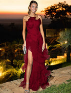 Strapless Sleeveless Long Split Prom Dress With Pleated Ruffle YK0324