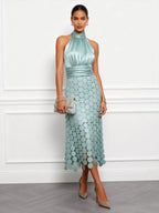 Women Light Green Satin Ruched Halter Neck Sleeveless A-Line Midi Dresses
