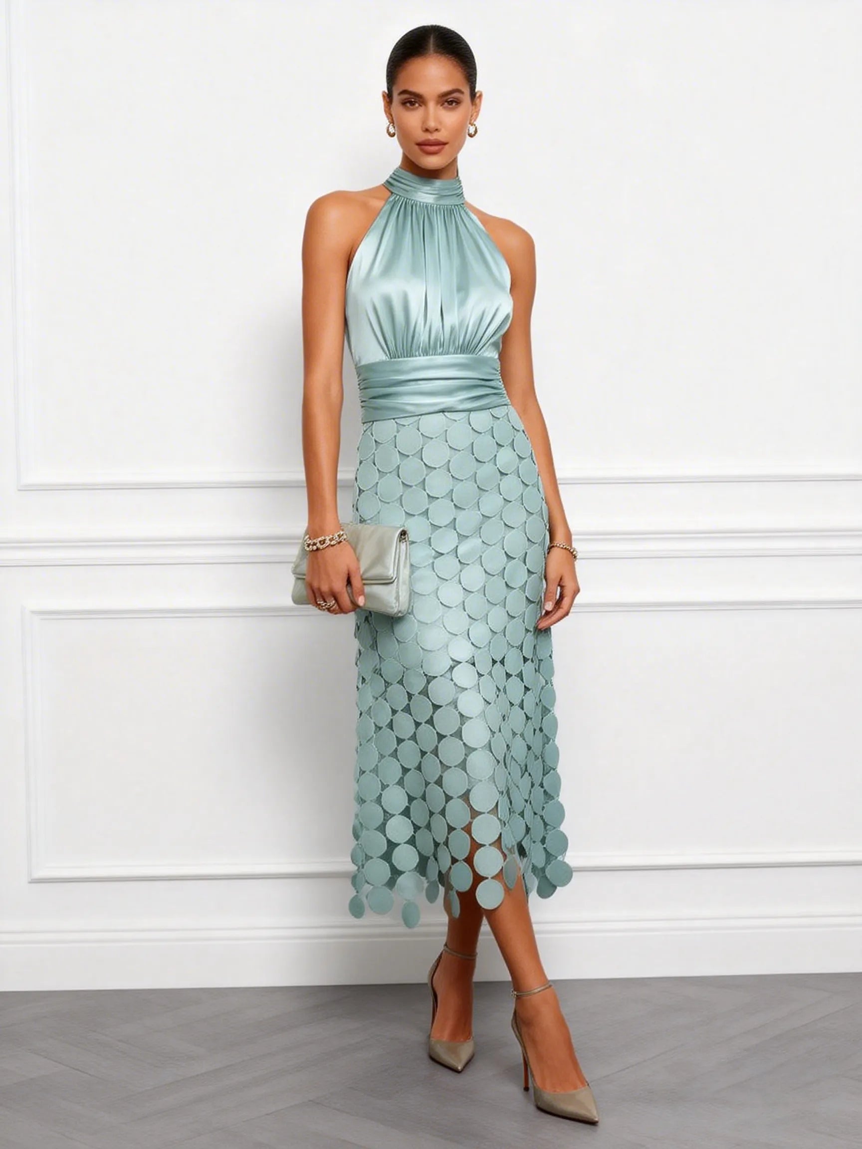 Women Light Green Satin Ruched Halter Neck Sleeveless A-Line Midi Dresses