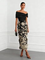 Black 3D Floral Applique Classic Off The Shoulder Short Sleeve Sheath Midi Dress