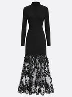 Black Mesh Floral Knit Mock Neck Long Sleeve A-Line Maxi Dress