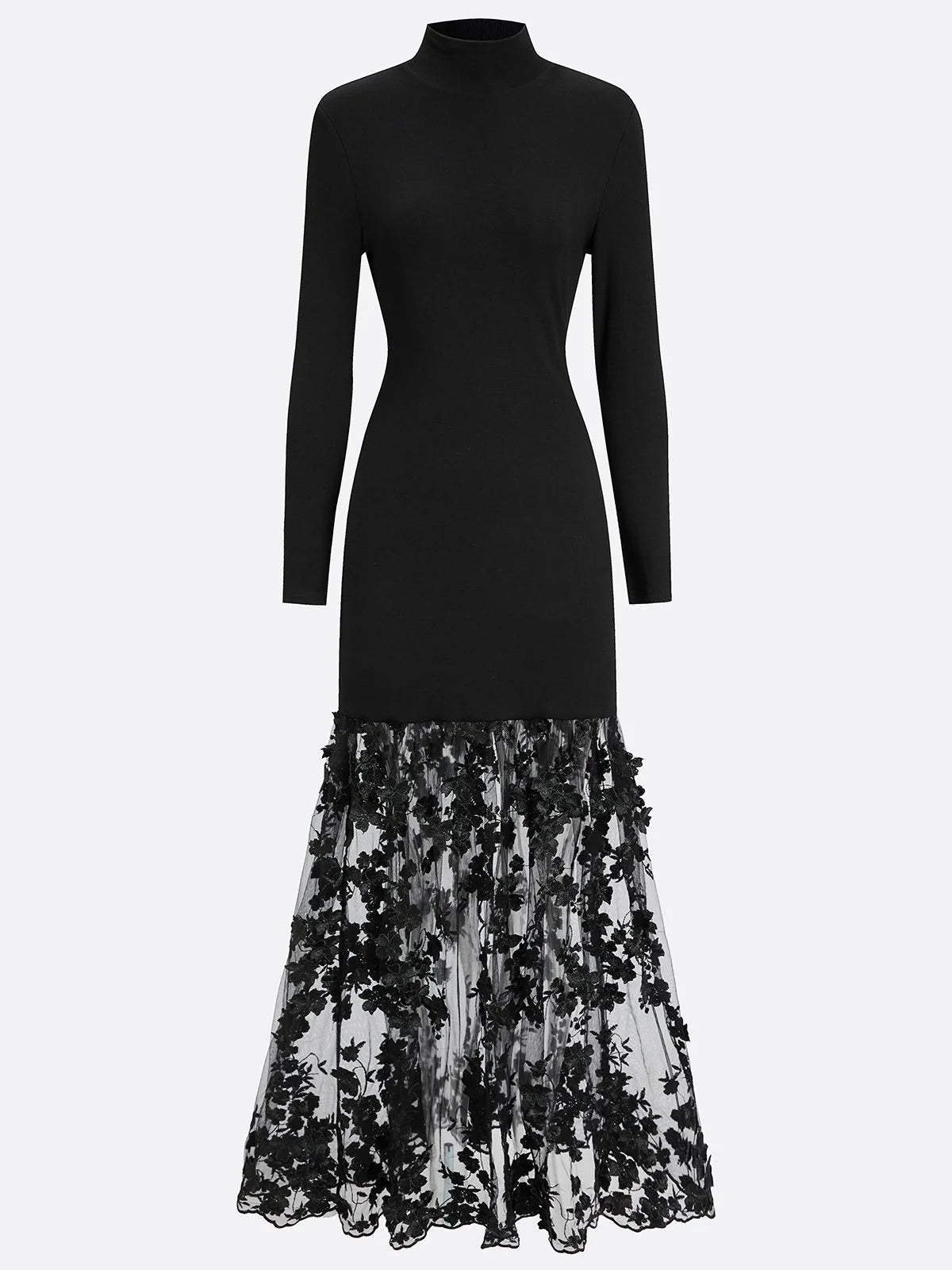 Black Mesh Floral Knit Mock Neck Long Sleeve A-Line Maxi Dress