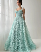 Tulle Square Neck Spaghetti Straps Sleeveless Long A-Line Prom Dress With Flower Appliques YK0613
