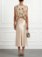 Women Champagne Glitter V Neck Sleeveless Dressy Top With Skirt Two-Piece Set