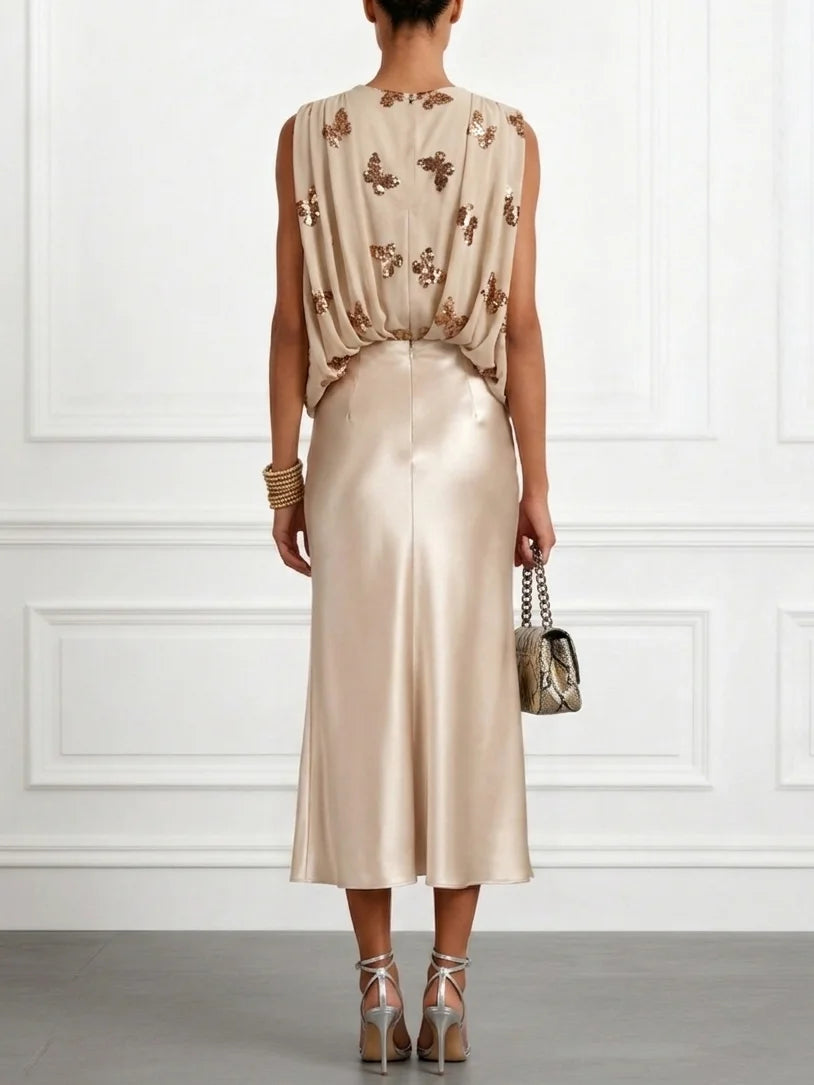 Women Champagne Glitter V Neck Sleeveless Dressy Top With Skirt Two-Piece Set