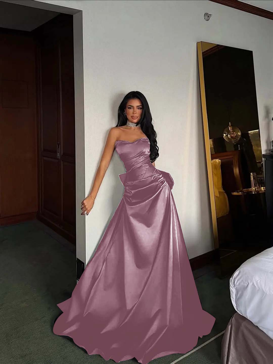 Black Satin Sweetheart Strapless Sleeveless Long A-Line Prom Dress With Pleated YK0695