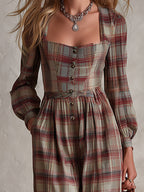 Vintage-style Elegant Reddish-brown Plaid Square-neck Long-sleeve Jumpsuit