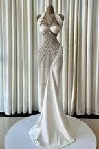Cocoslly Halter Sleeveless High Waist Long Mermaid Prom Dress With Beading Pearls | Blush Champagne Satin JZ0163