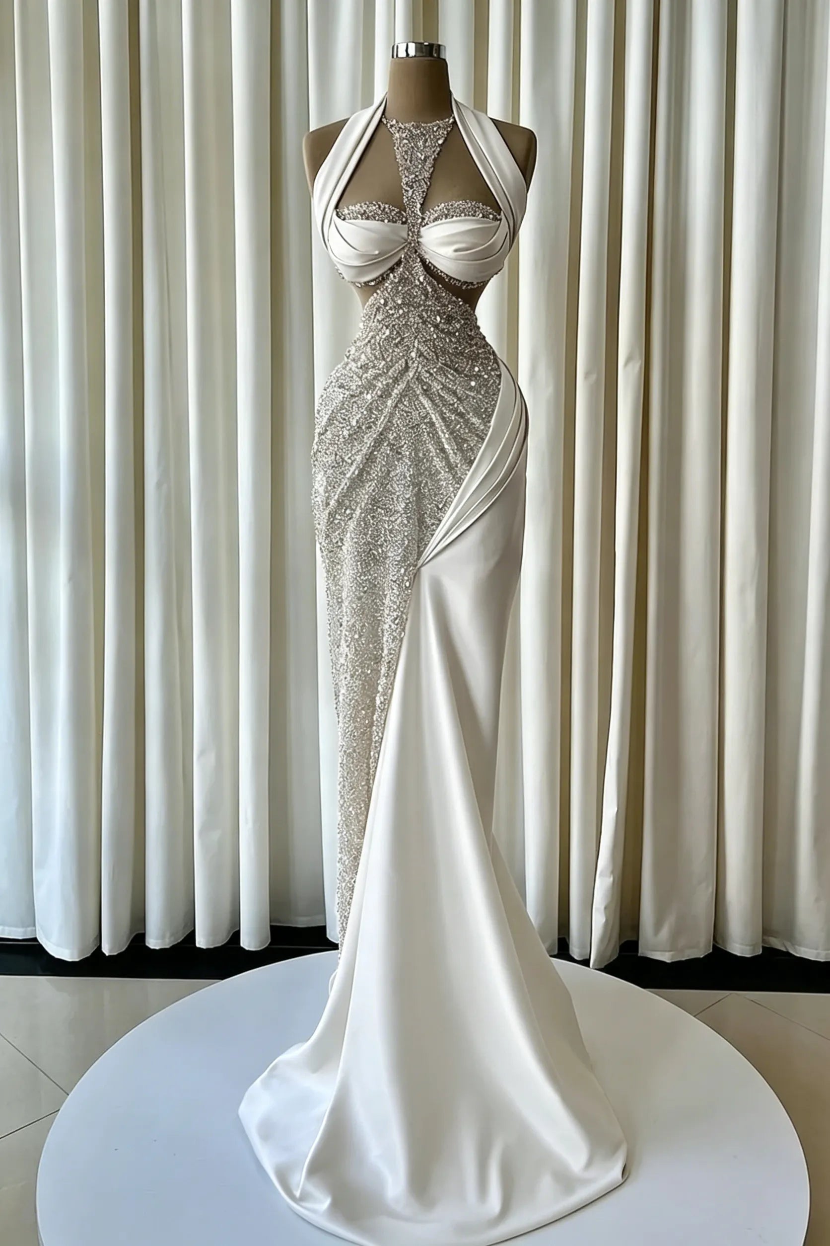 Cocoslly Halter Sleeveless High Waist Long Mermaid Prom Dress With Beading Pearls | Blush Champagne Satin JZ0163