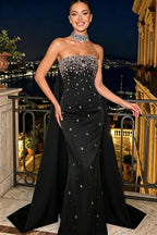 Cocoslly Strapless Sleeveless High Waist Long Mermaid Prom Dress With Rhinstone | Blue Satin YC0546