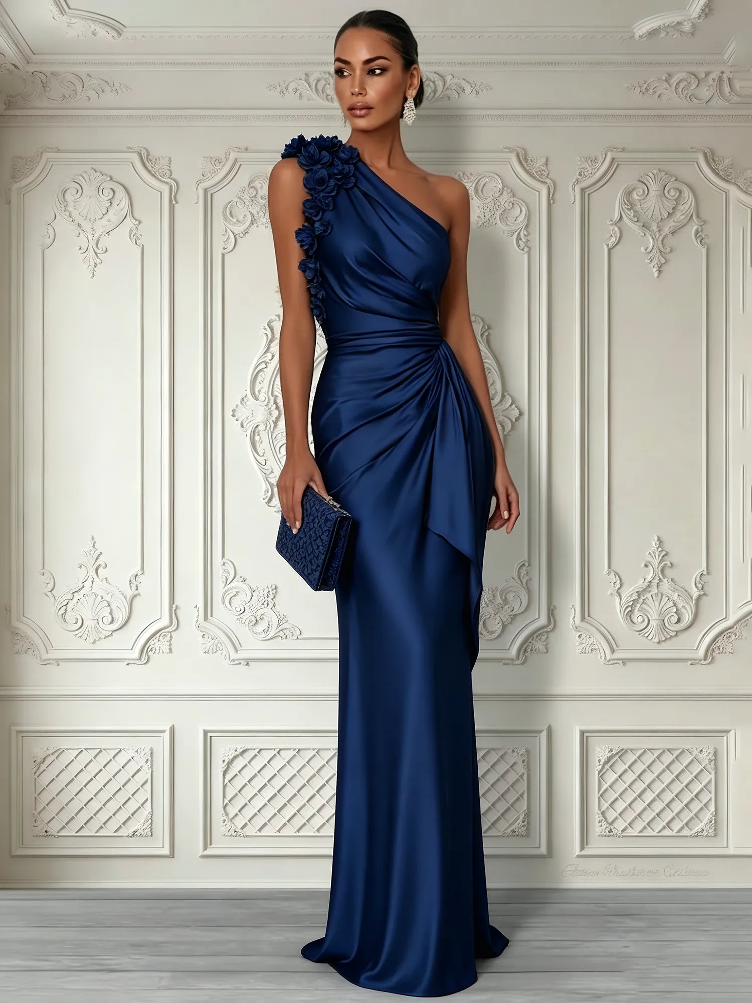 Purplish Blue 3D Floral Ruched Satin One Shoulder Sleeveless Sheath Floor-length Gown Dress