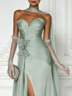 Green 3D Floral Tulle Strapless Sleeveless A-Line Floor-length Gown Dress
