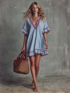 Vintage Bohemian V-neck Ruffled Hazy Blue Cotton-linen Mini Dress