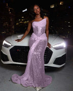 Tulle Asymmetric Strapless Sleeveless Long Pleated Mermaid Prom Dress With Sequins And Ruffles YK0320