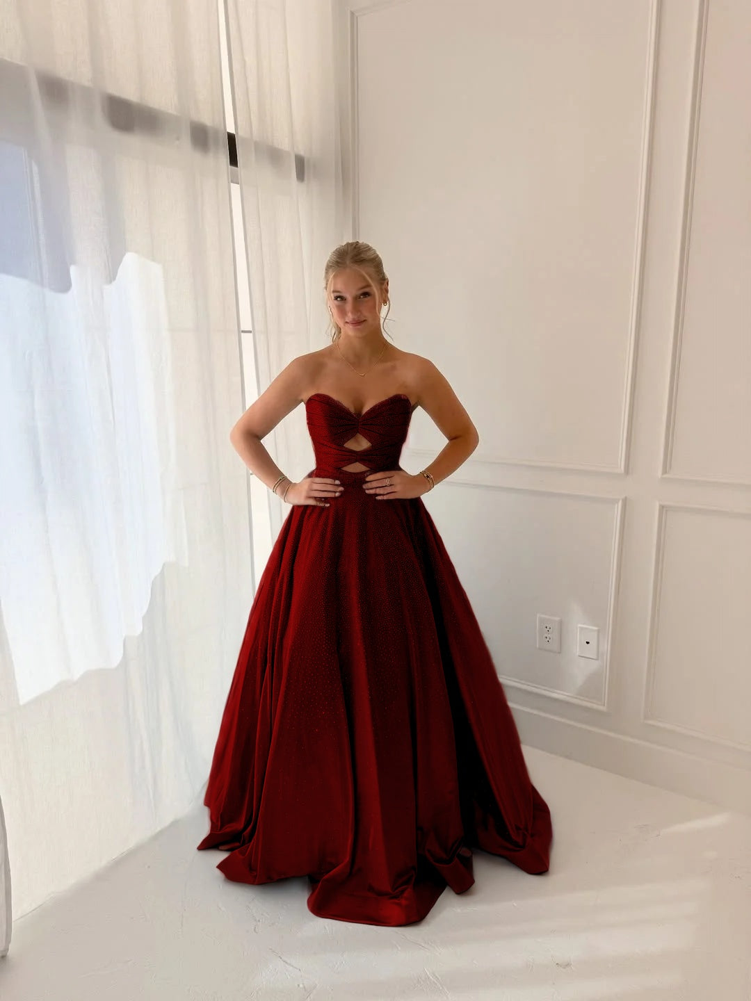 Satin V-Neck Strapless Sleeveless Long A-Line Prom Dress With Pleated And Rhinstone YK0706