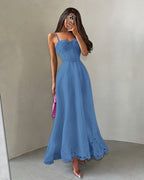 Cocoslly Spaghetti Straps Sleeveless High Waist Long A Line Prom Dress | Black Satin YK1293