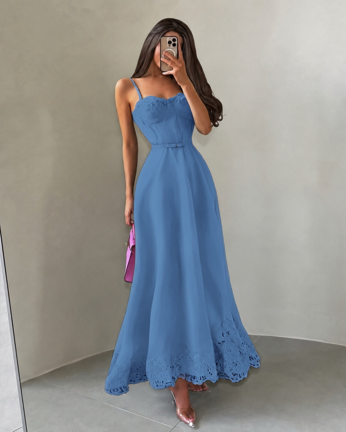 Cocoslly Spaghetti Straps Sleeveless High Waist Long A Line Prom Dress | Black Satin YK1293