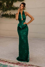 Halter V Neck Sleeveless Long Mermaid Prom Dress With Appliques WQ0176