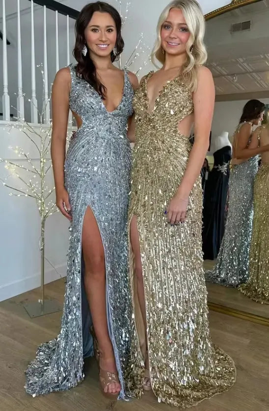 Cocoslly Straps V-Neck Sleeveless High Waist Long Prom Dress With Split | Champage Glod Sequins ZT0893