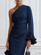 Navy Blue Ruffled Satin One Shoulder Long Sleeve Bell Sleeve Sheath Maxi Dress
