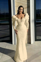 Cocoslly Strapless Long Sleeves High Waist Long Mermaid Prom Dress With Rhinstone And Flowers | Red Sequins WQ0744