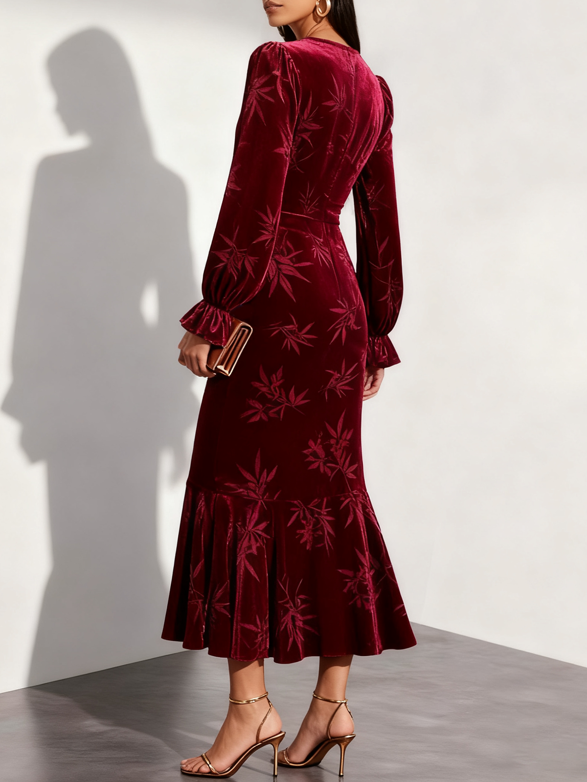 Wine Red Embossed Jacquard Velvet V Neck Long Sleeve Bell Sleeve Mermaid Maxi Dress