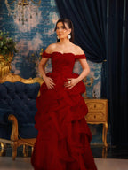 Tulle Strapless Off-The-Shoulder Sleeveless Long Pleated A-Line Prom Dress With Beadings And Rhinstone YK0769