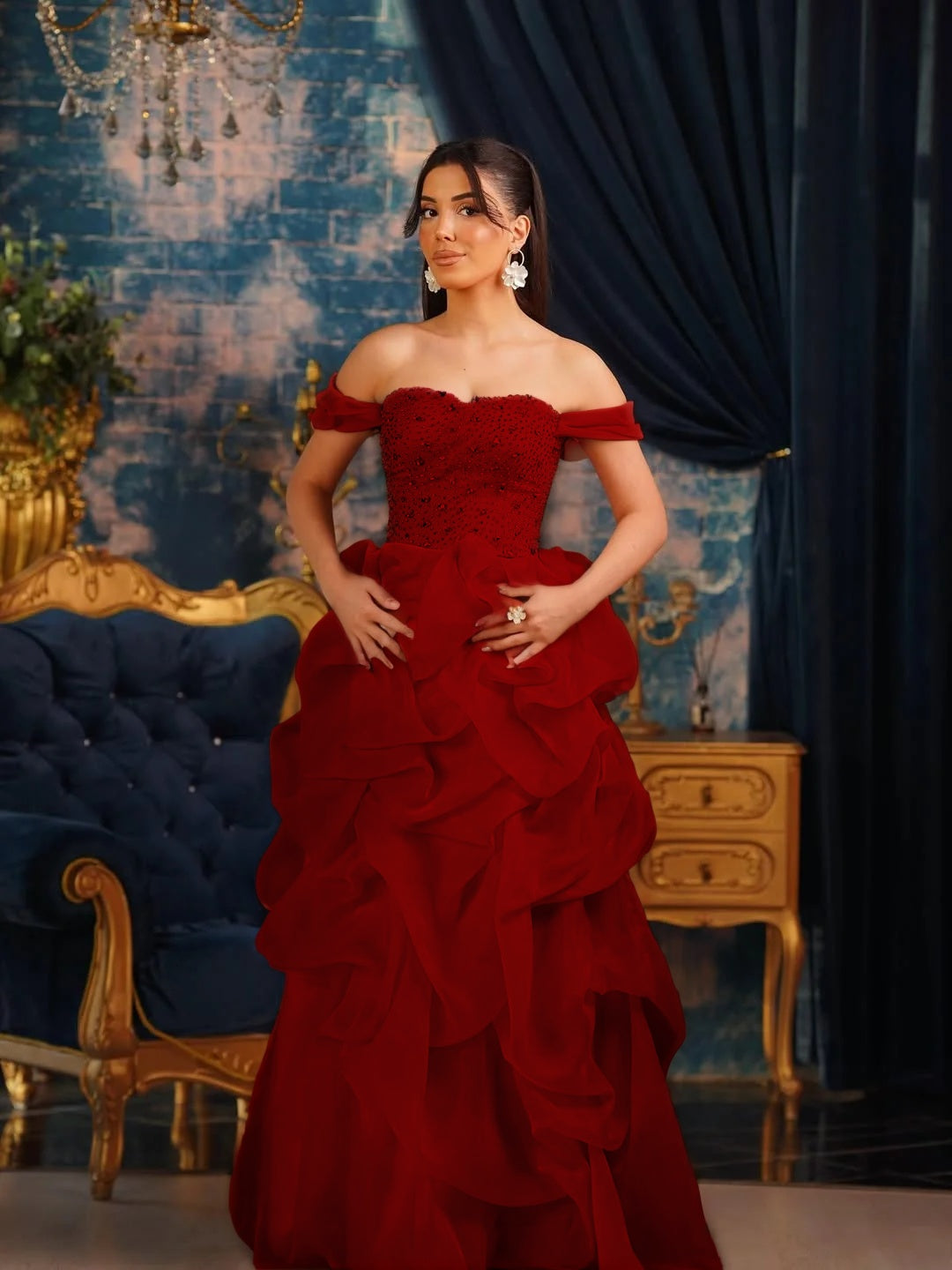 Tulle Strapless Off-The-Shoulder Sleeveless Long Pleated A-Line Prom Dress With Beadings And Rhinstone YK0769