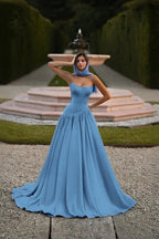 Satin Strapless Sleeveless Long A-Line Prom Dress With Pleated And Corset YK0797