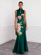 Dark Green Floral Hollow Out Satin Stand Collar Sleeveless Mermaid Gown Dress