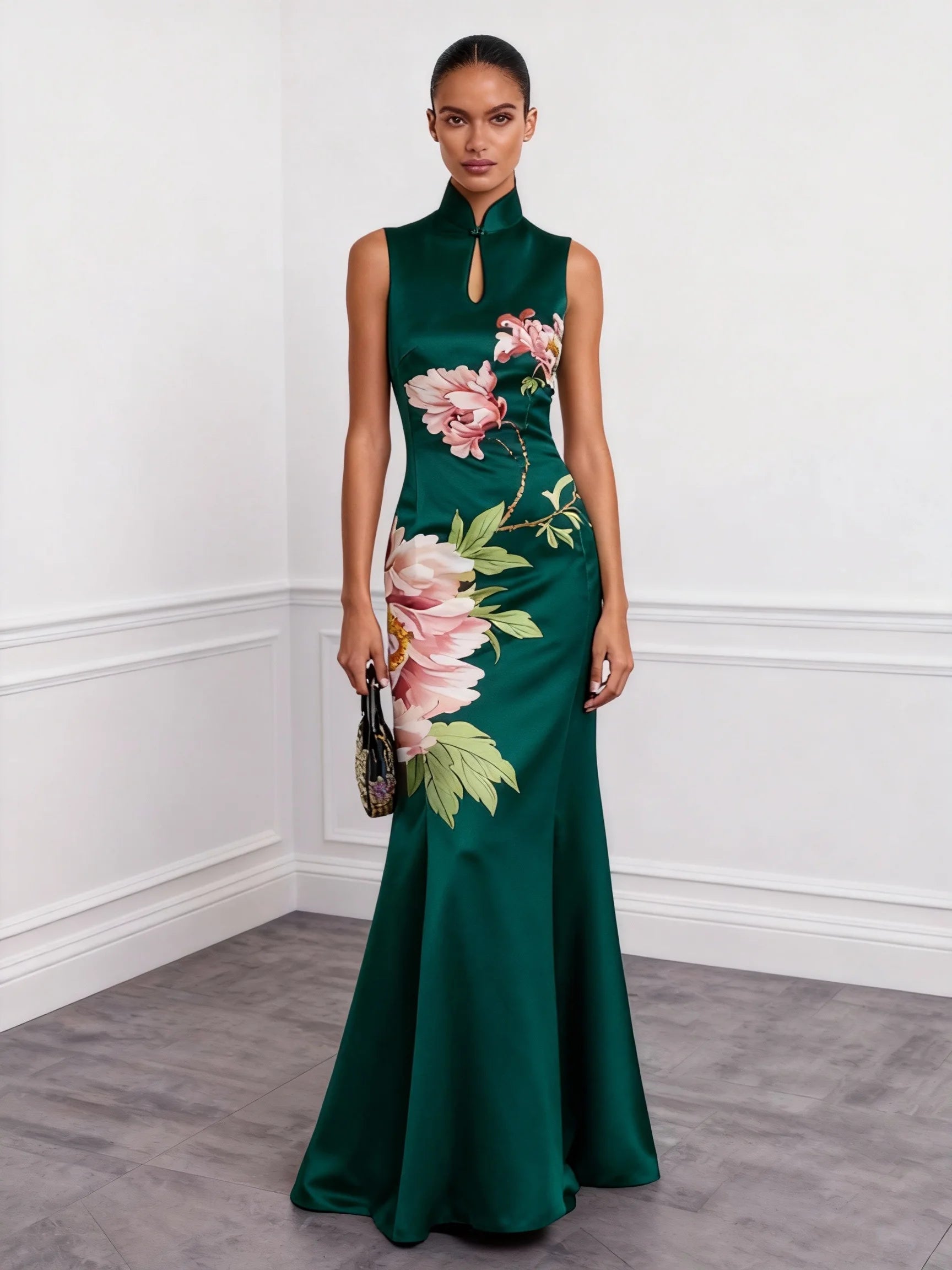 Dark Green Floral Hollow Out Satin Stand Collar Sleeveless Mermaid Gown Dress